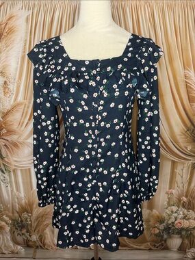 Topshop Navy Floral Ruffle-Trim Long Romper
